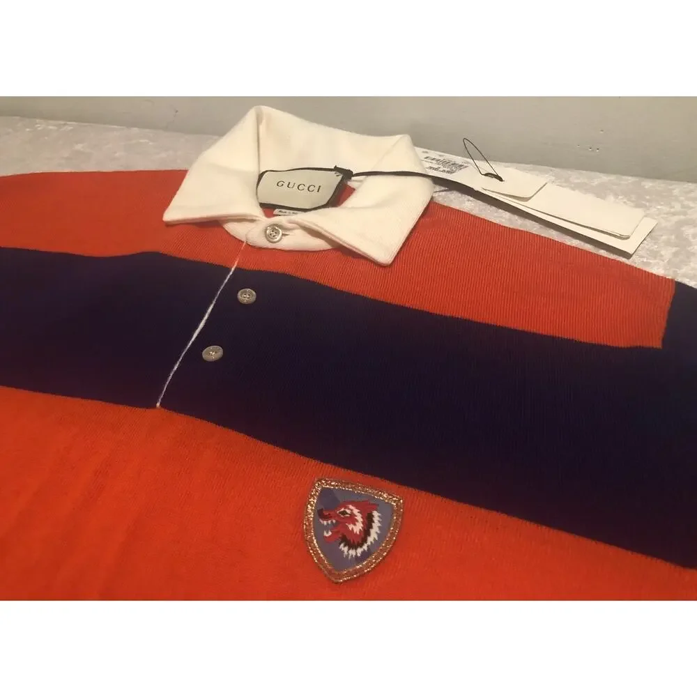 Gucci Blue/Orange Striped Wolf-Patch Oversized Wool Polo Sweater Size S $1200.00